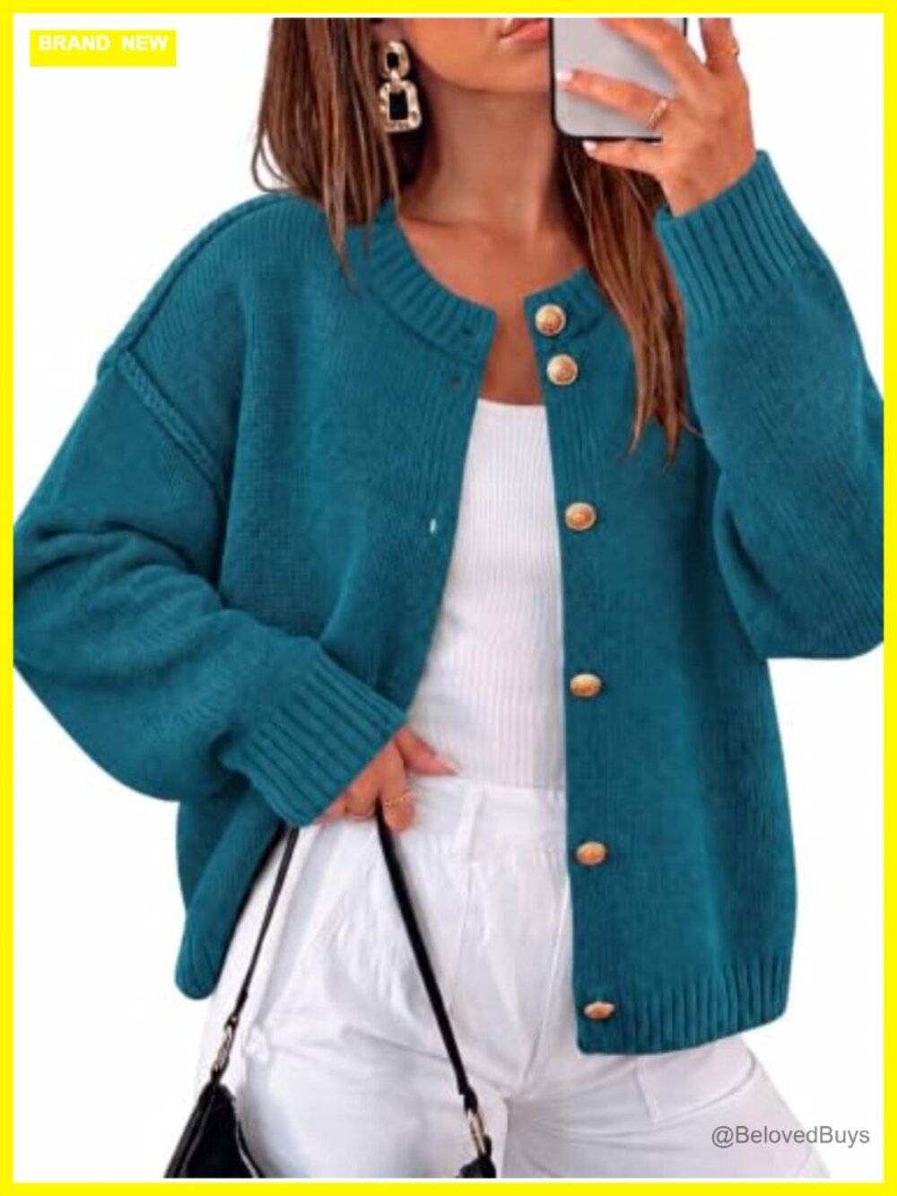 Womens Chunky Knit Button Up Cardigan Oversized Slouchy Boyfriend Sweater
